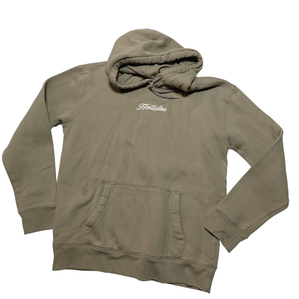 Hollister Hoodie Sweatshirt Mens Medium Beige Fleece Pullover Script Logo